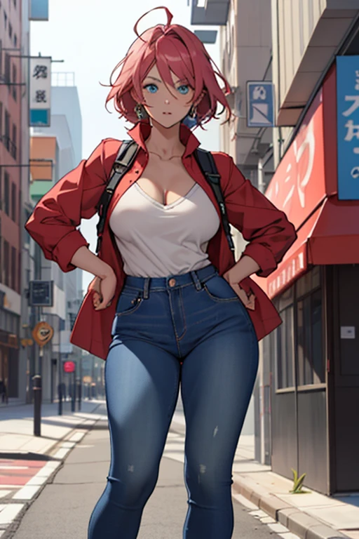 creates a 24-year-old anime girl with blue jeans and a red blouse with straps, wide hips and large breasts with blue eyes in an urban landscape