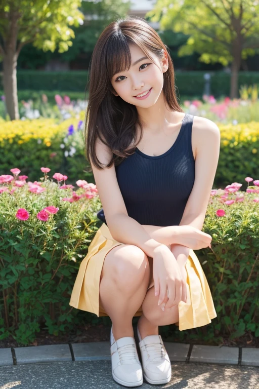 In 8K,highest quality:1.4, 超A high resolution:1.5, (Realistic:1.4),masterpiece:1.2,(highest quality:1.4)、 RAW Photos、 (From the knee up:1.6, From the side:0.7), (The background is blurred), garden,full body shot:1.4、 1 Japanese girl, cute, (alone), (A shy smile), Smooth skin、Tshirt、Denim shorts、 (Brown medium hair,bangs), (Touching your hair:1.4)、Nogizaka、cute、Flexible fingertips,Beautiful dark eyes、Natural skin texture:1.3, Realistic eye and face details:1.7、Mid-breasted、Sculpture Pose:1.1、Tight ass、Staring at the audience,Sit on a bench