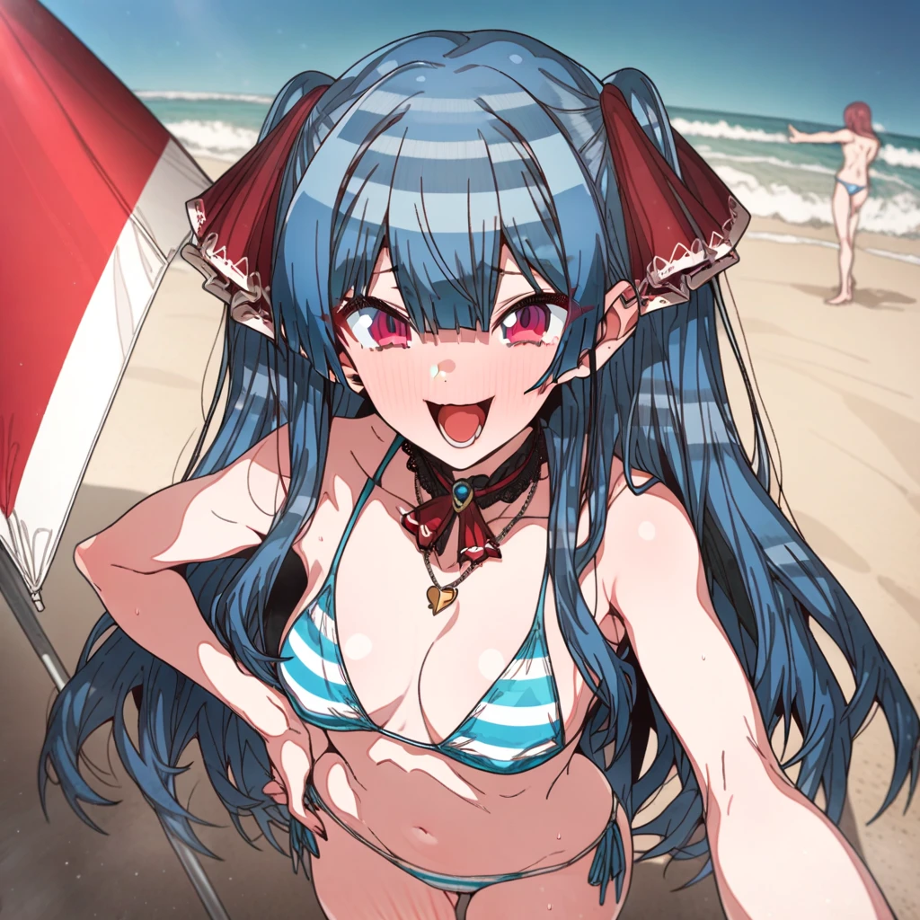 houshou_marine, Artist, erere, Copyrights, idolmaster, idolmaster_shiny_colors, Character, General, 1girl, blue_hair, side_locks, blue_hair, blunt_bangs, blush, large_breasts, breasts, smile, blue_eyes, censored, long_hair, striped bikini, blue_bikini, frilled_bikini, navel, open_mouth, raised_eyebrows, two_side_up, (full_body) (standing in middle, beach_umbrella), sky, detailed, sand, outdoors, looking_at_viewer, facing_viewer, masterpiece, best_quality, great_quality, girl, solo, center_composition, centered character, hand_on_hip, cute