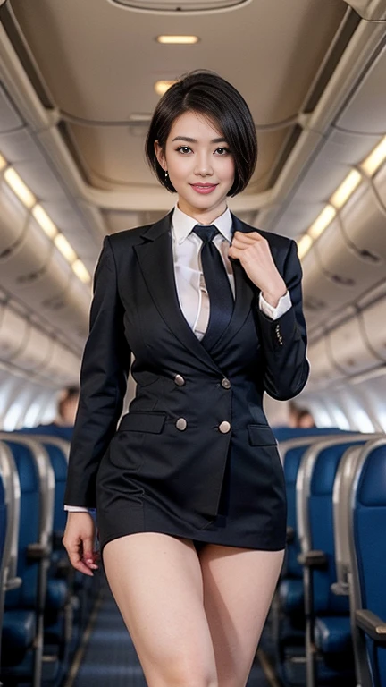 1beautiful womanl, 28years、hyperdetailed face、Detailed lips、A detailed eye、double eyelid、(Black bob hair、Smiling while walking gracefully down the aisle)、(Stewardess uniform:1.2)、((beautiful tie)) (Glamorous body)、(Colossal tits)、((short-cut hair))、(large full breasts)(big butts)(Plump body)(plump body shape)( large full breasts)(Colossal tits)((J-Cup))、highs thighs thighs thighs, Perfect fit, Perfect image realism, Background with: (Business Class aisle on airplanes:1.2), Cowboy Shot, Meticulous background, detailed costume, Perfect litthing、Hyper-Realism、(Photorealsitic:1.4)、8K maximum resolution, (masterpiece), ighly detailed, Professional