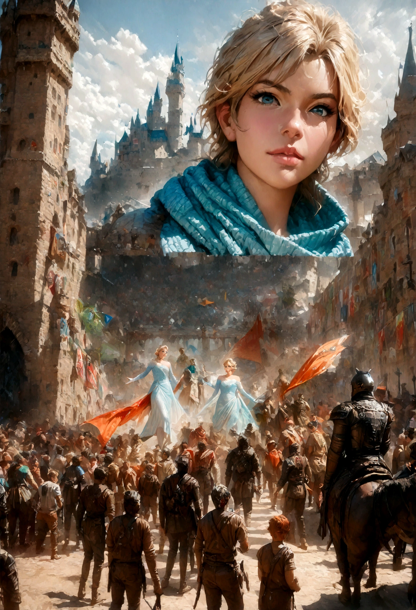 Fraction_9, Fraction_8_up, Fraction_7_up, Fraction_6_up, Fraction_5_Direction_4_up,Elsa,permanent ,looking at the audience,castle,JoJo&#39;s Art Style , (masterpiece,best quality,ultra_detailed,highres,absurdres:1.2),(photorealistic:1.4),