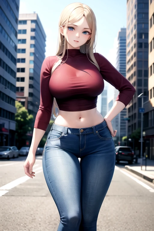 creates a 24-year-old anime girl with blue jeans and a red blouse with straps, wide ???? and ????????????? with blue eyes in an urban landscape