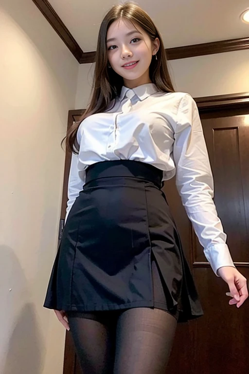 ((highest quality)), ((masterpiece)), (detailed), Perfect Face、Very large breasts、、Office Lady、whole body、Wearing a suit、smile、Underwear visible through the skirt、Angle from below、White blouse、Black tights with a skirt