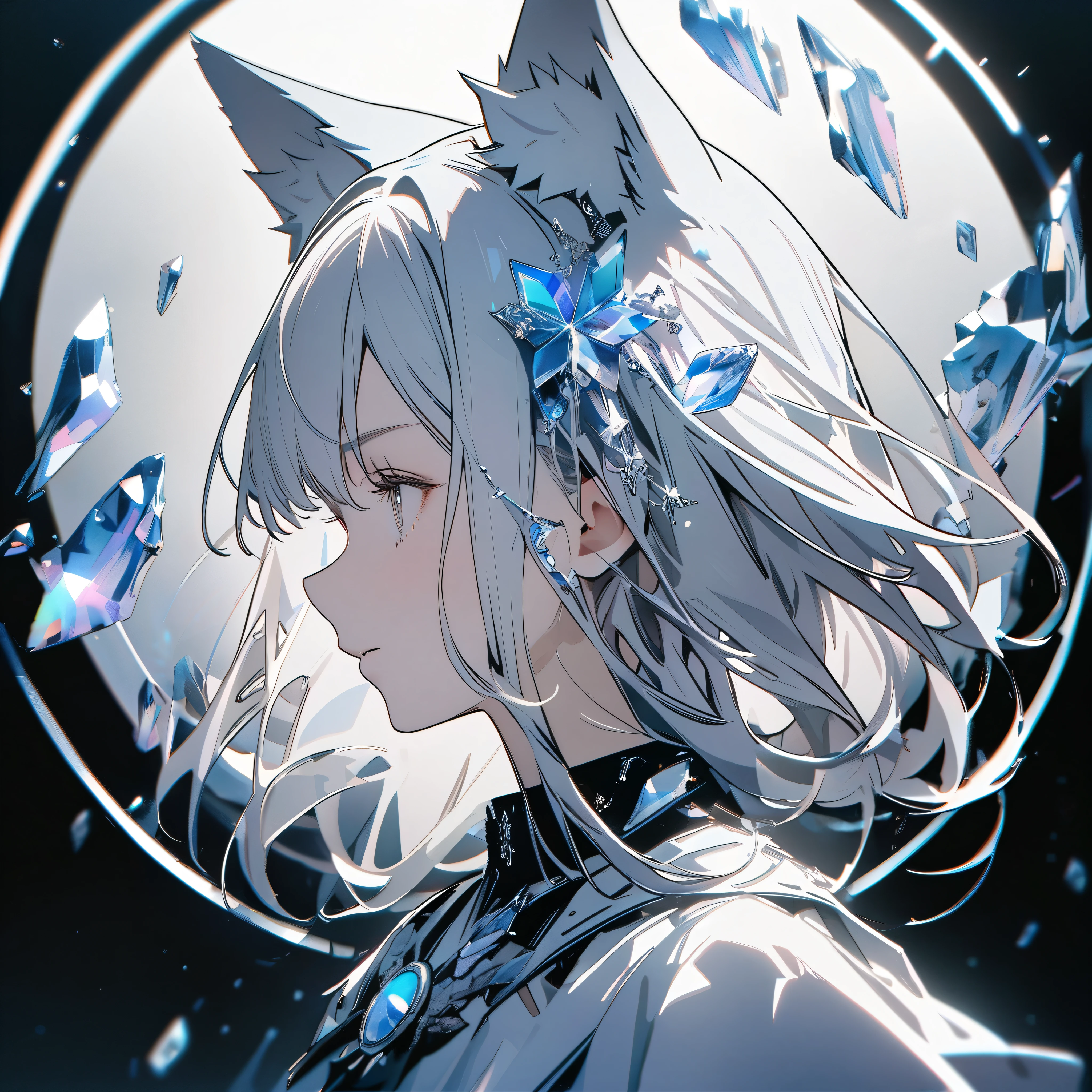 simple, symbol logo, facial profile, 8k, a white wolf ear girl, crystals floating in a circle