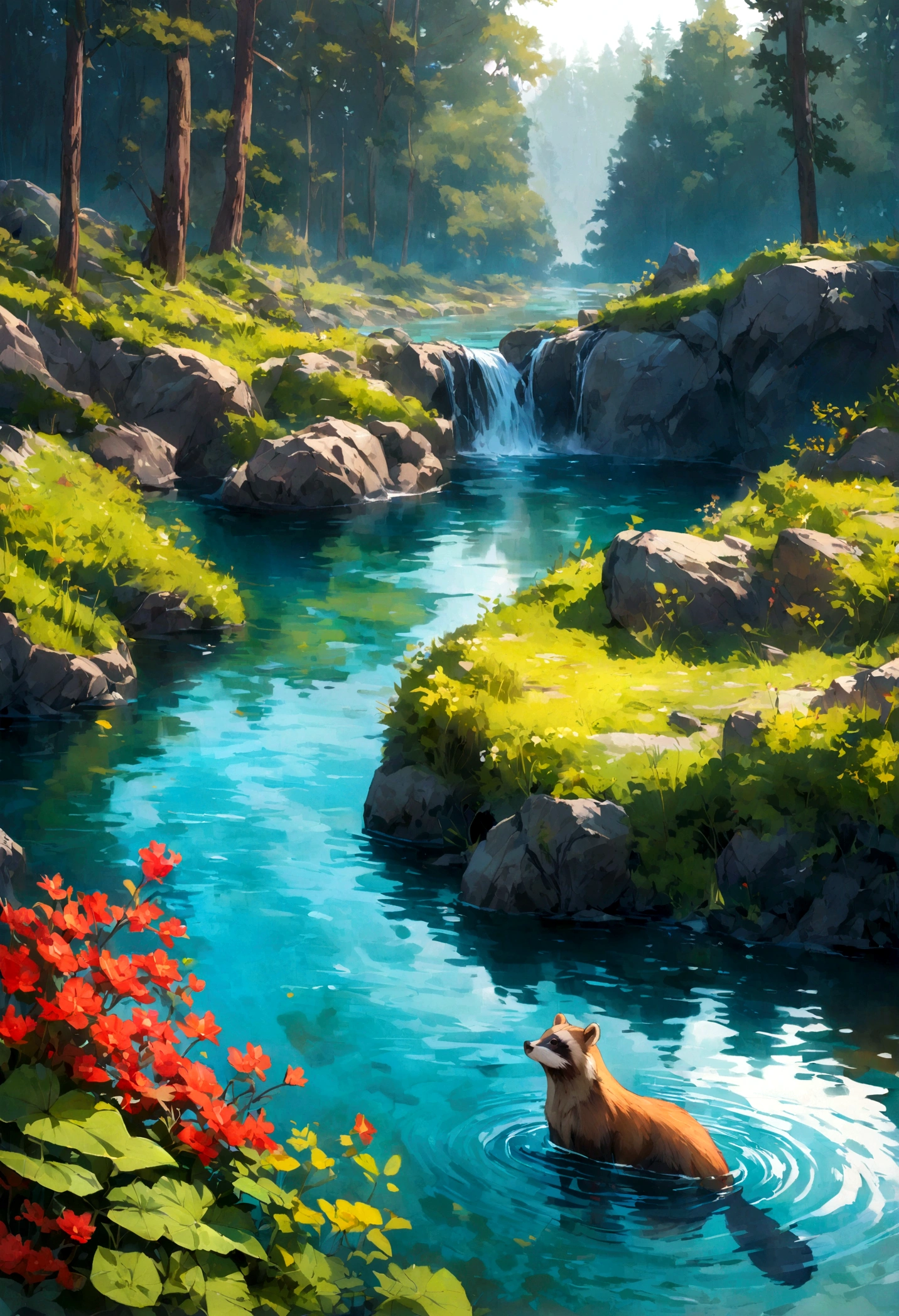 Raccoon strip in the river