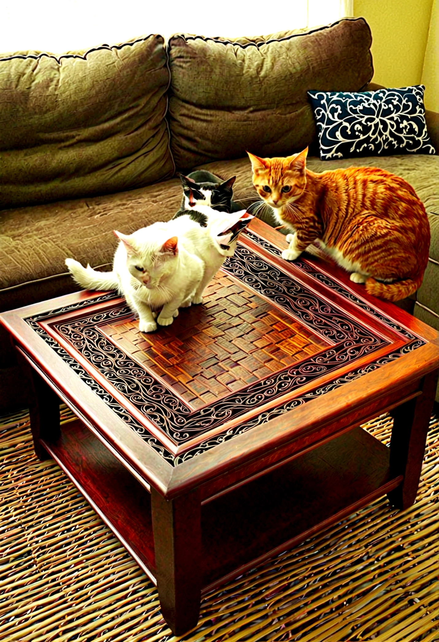 People and cats share a small coffee table