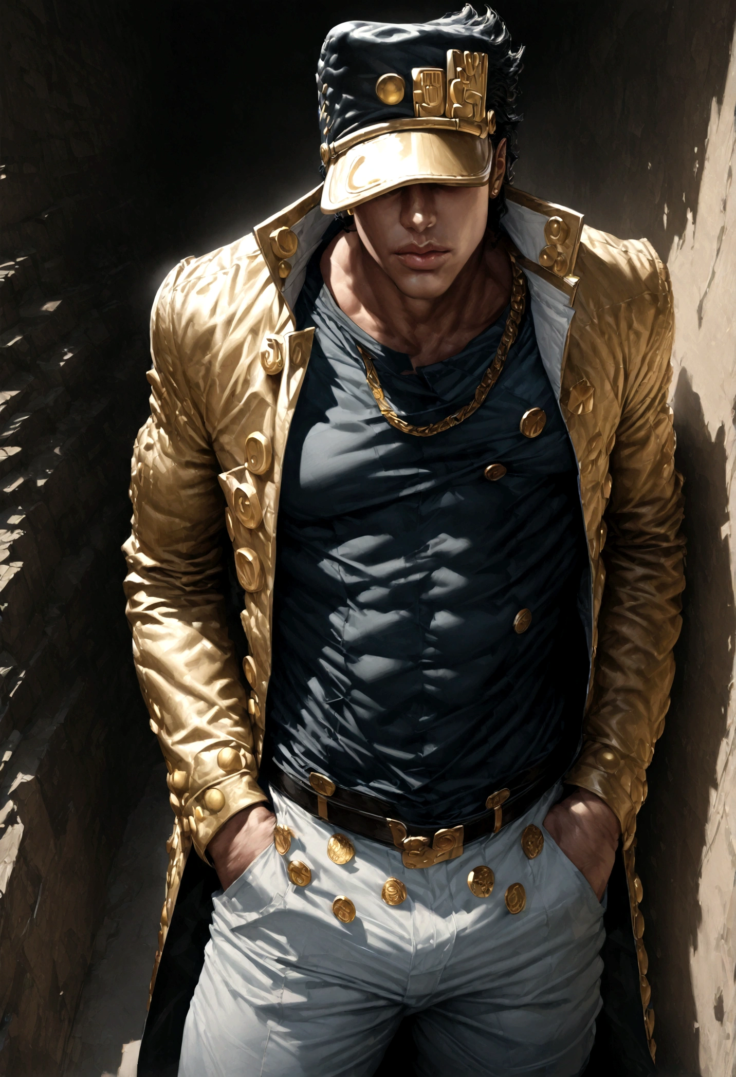 JOJO&#39;s Bizarre Adventure, Jotaro Kujo, hat covering eyes, Hands in pockets, permanent, background, Black Hair, Gold chain, (masterpiece,best quality,ultra_detailed,highres,absurdres:1.2),(photorealistic:1.4),