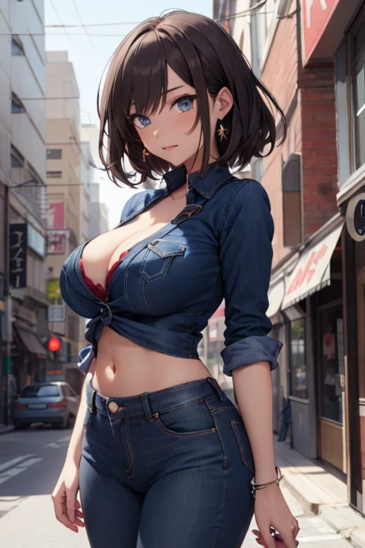 creates a 24-year-old anime girl with blue jeans and a red blouse with straps, wide hips and large breasts with blue eyes in an anime-style urban landscape