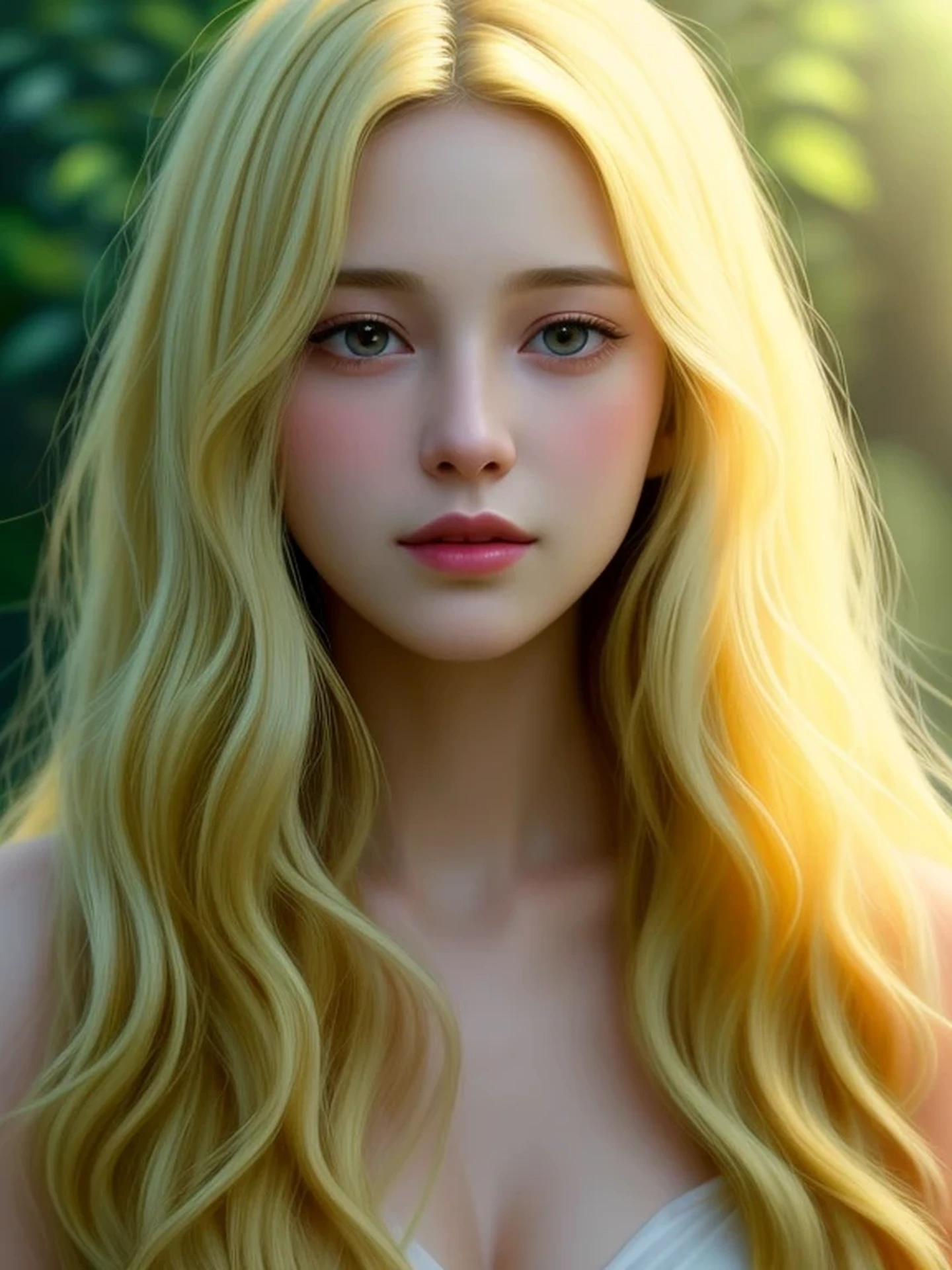 To the camera, Realistic digital painting of a woman portrait, Shy, open mouth to say something, sad, (Wavy medium Hair:1.1), (Soft silky Blonde Hair:1.3), (Highly detailed skin:1.2), Mystical style, Global Illumination,