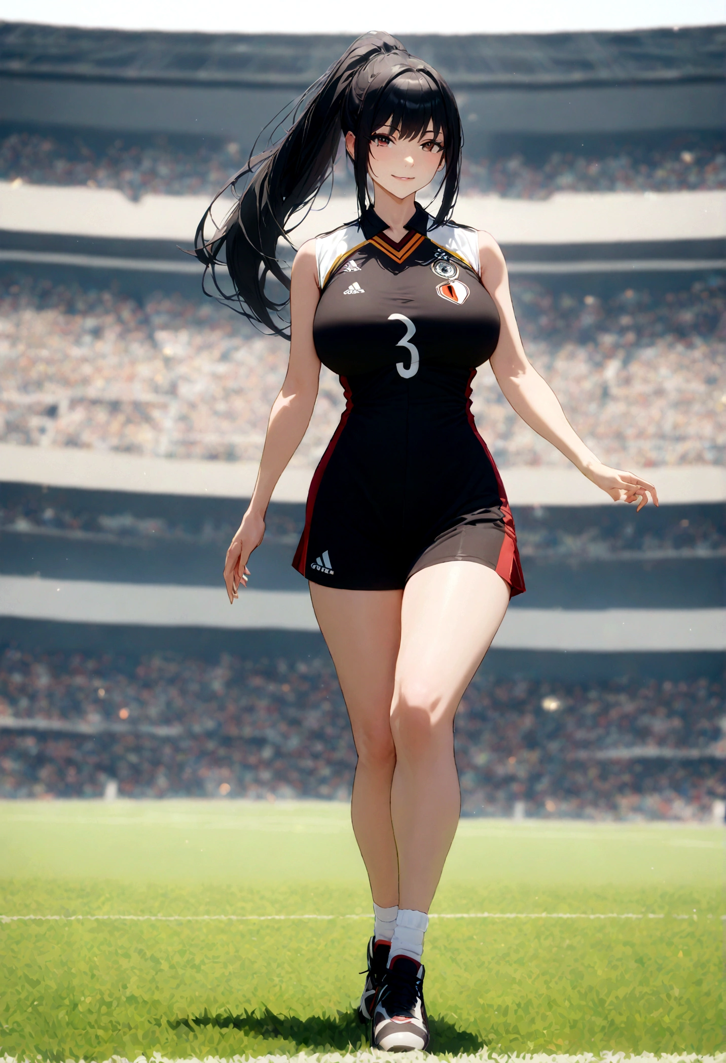 A woman wearing a German women's football uniform, with black, red and yellow colors, sleeveless shirt, black shorts, white and black sports sneakers, black hair, long hair, ponytail hair, burgundy eyes, smiling, on a lawn custom football field,smiling, big breasts, full body.UHD, masterpiece, accurate, anatomically correct, textured skin, super detail, high quality, best quality, 8k, high resolution , bokeh effect. (solo woman)
