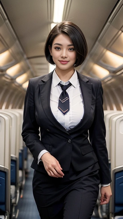 1beautiful womanl, 28years、hyperdetailed face、Detailed lips、A detailed eye、double eyelid、(Black bob hair、Smiling while walking gracefully down the aisle)、(Stewardess uniform:1.2)、((beautiful tie)) (Glamorous body)、(Colossal tits)、((short-cut hair))、(large full breasts)(big butts)(Plump body)(plump body shape)( large full breasts)(Colossal tits)((J-Cup))、highs thighs thighs thighs, Perfect fit, Perfect image realism, Background with: (Business Class aisle on airplanes:1.2), Cowboy Shot, Meticulous background, detailed costume, Perfect litthing、Hyper-Realism、(Photorealsitic:1.4)、8K maximum resolution, (masterpiece), ighly detailed, Professional