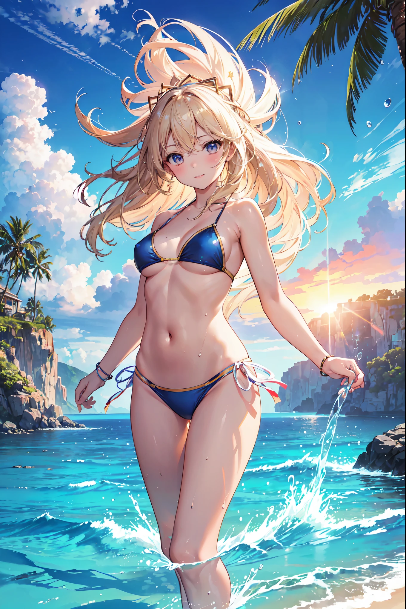 (highest quality,4K,8k,High resolution,masterpiece:1.2),Very detailed,(Realistic,photoRealistic,photo-Realistic:1.37),Hot Girls,speed,water,null,bikini,Queen,Summer heat,Wet Hair,Intense expression,Glowing Skin,Golden sandy beaches,Palm tree,sunset,Bright colors,ripple,speedboat on the horizon,Captivating Gaze,Sunburned skin,Bronze tanned body,Beach-like atmosphere,Cheerful pose,Bright sunlight,clean blue null,splashing water droplets,frozen moment, And adventure,Self-confidence and empowerment,Immerse yourself in the joy,Queen of the beach,Striking beauty,果てしないnull,sparkling water surface,Seamless movement.