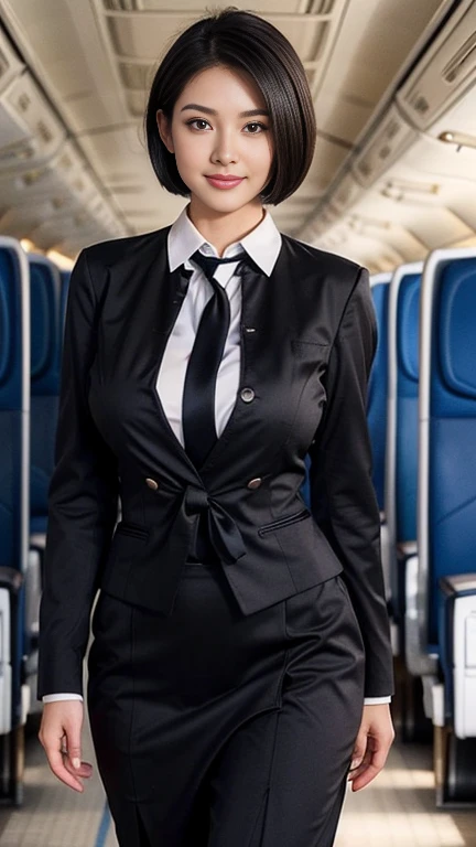 1beautiful womanl, 28years、hyperdetailed face、Detailed lips、A detailed eye、double eyelid、(Black bob hair、Smiling while walking gracefully down the aisle)、(Stewardess uniform:1.2)、((beautiful tie)) (Glamorous body)、(Colossal tits)、((short-cut hair))、(large full breasts)(big butts)(Plump body)(plump body shape)( large full breasts)(Colossal tits)((J-Cup))、highs thighs thighs thighs, Perfect fit, Perfect image realism, Background with: (Business Class aisle on airplanes:1.2), Cowboy Shot, Meticulous background, detailed costume, Perfect litthing、Hyper-Realism、(Photorealsitic:1.4)、8K maximum resolution, (masterpiece), ighly detailed, Professional