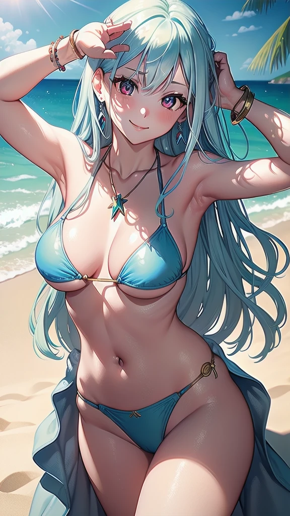 masterpiece, best quality, 1 solo girl, light blue hair, red eyes, long hair, medium breasts, sexy body and face, wavy hair, smile, white bikini, pendant, bracelet, jewelry, earrings, feather hair ornament, ball, lying at the sand, summer, sexy pose, cowboy shots, detailed body, face, and eyes, sharp focus, vibrant, creative, dynamic, high definition, high resolution, 8k, (Upscale: R-ESRGAN 4x+ Anime6mage enchance:4x), voluptuous body, cinema lightning, dakimakura style, looking at the viewer