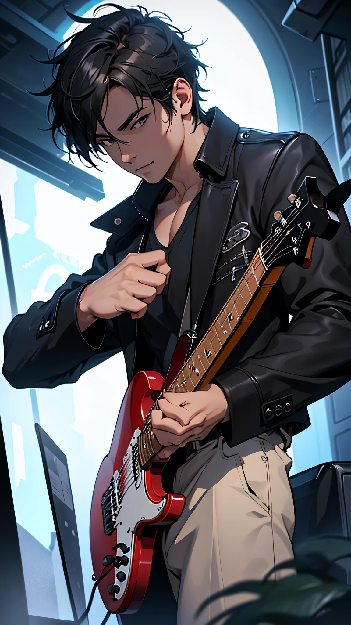 Super detailed, high resolution, Super detaileded, best quality, Astonishing, Top quality, Extremely detailed CG unity 8k wallpaper, movie lighting, 1man playing electric guitar, Black coat, Rock Style, short hair,