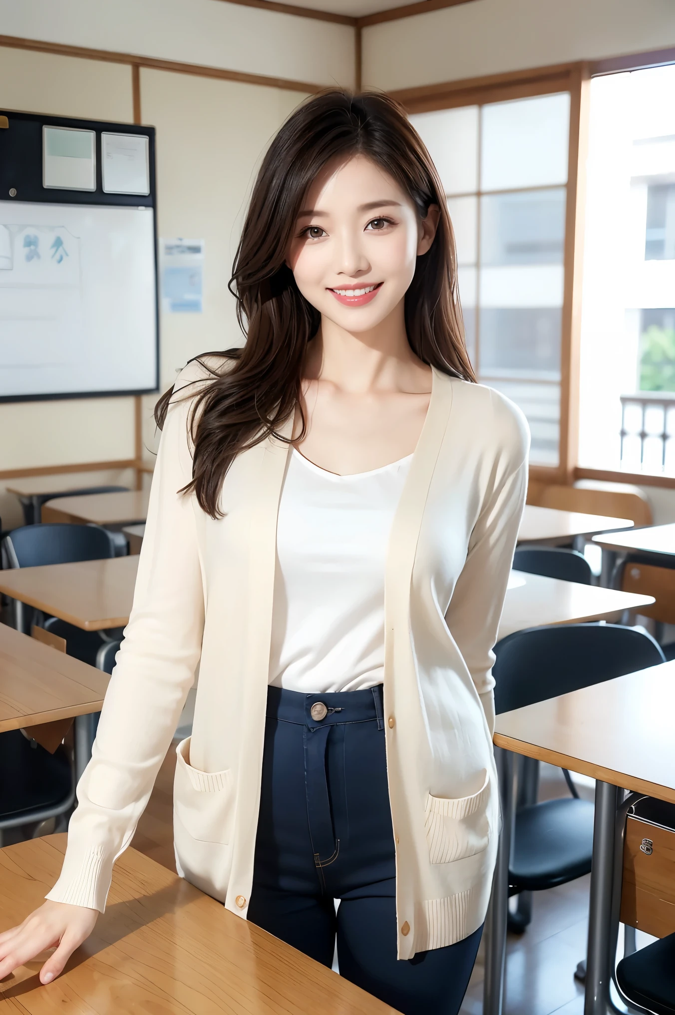 (Tabletop、highest quality、8k、Award-winning works、Ultra-high resolution)、One woman、30 years old、(The perfect long cardigan:1.2)、(Elegant skinny pants:1.2)、standing elegantly、perfect beautiful teeth、(Slender body:1.1)、(Strongly blurred school classroom background:1.1)、(Blurred background of neatly arranged desks and chairs:1.1)、(Blurred background of perfectly organized desks and chairs:1.1)、Natural bright lighting、Perfect Makeup, The most beautiful face in Japan、Mature face、Smiling Kindly、smile,、Very long hair、Accentuate your body lines、Ultra-fine、Beautiful Hair、Fair skin、Translucent white skin、(Perfect Anatomy:1.1)、High-resolution RAW color photos、Professional photography、Very delicate、Very detailed、Professional Photography