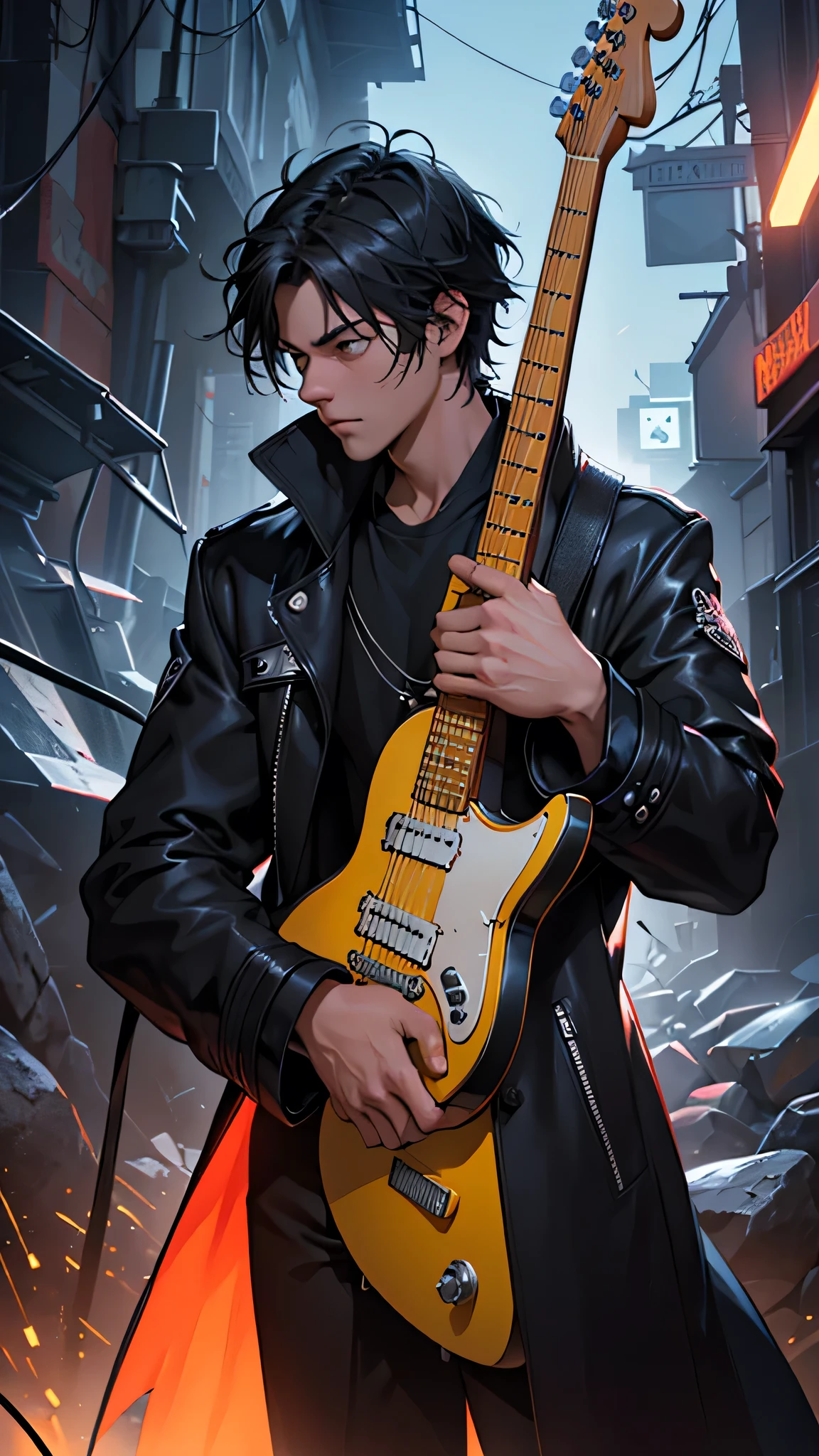 Super detailed, high resolution, Super detaileded, best quality, Astonishing, Top quality, Extremely detailed CG unity 8k wallpaper, movie lighting, 1man playing electric guitar, Black coat, Rock Style, short hair, 