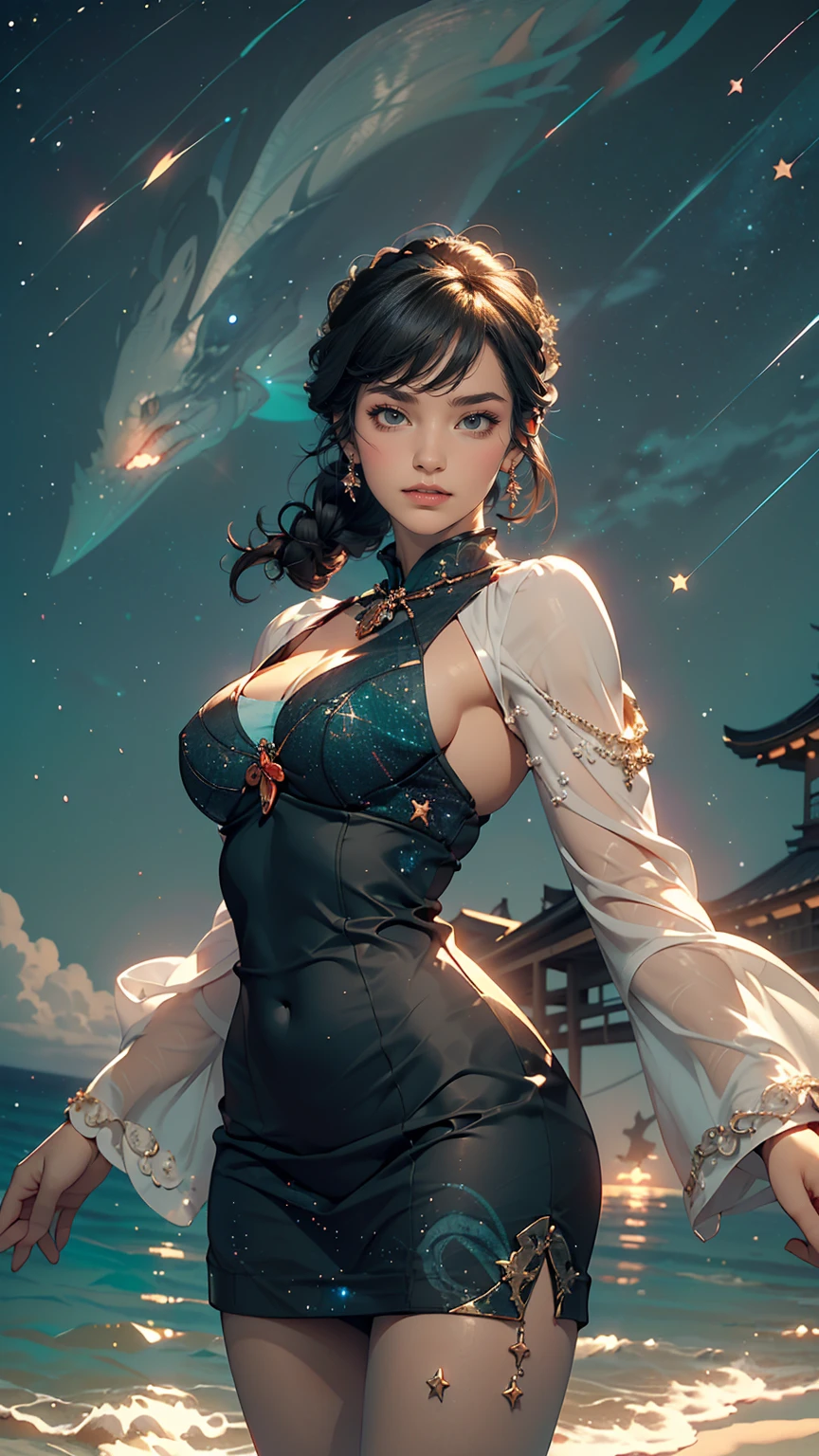 ((masterpiece,highest quality, detailed)), Cowboy Shot, (One girl:1.2), alone, (魅惑的なsmile:1.3), Big Breasts, Are standing, View Viewer, (Ocean:1.3),(Starry Sky:1.3) , 、High neck、No sleeve、Mini length bodycon、smile