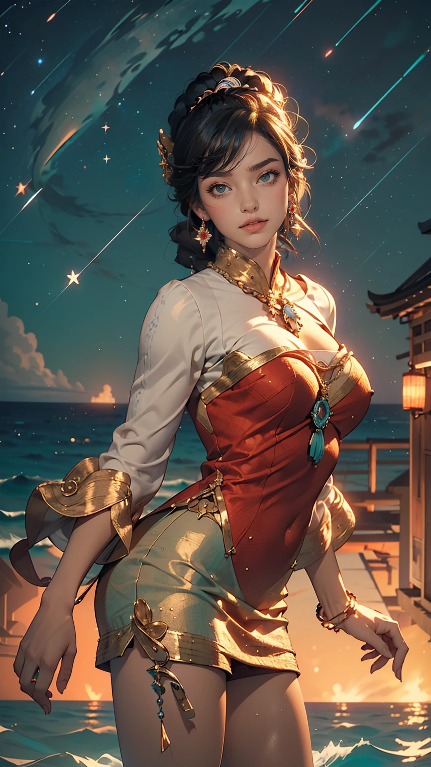 ((masterpiece,highest quality, detailed)), Cowboy Shot, (One girl:1.2), alone, (魅惑的なsmile:1.3), Big Breasts, Are standing, View Viewer, (Ocean:1.3),(Starry Sky:1.3) , 、High neck、No sleeve、Mini length bodycon、smile