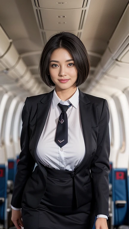 1beautiful womanl, 28years、hyperdetailed face、Detailed lips、A detailed eye、double eyelid、(Black bob hair、Smiling while walking gracefully down the aisle)、(Stewardess uniform:1.2)、((beautiful tie)) (Glamorous body)、(Colossal tits)、((short-cut hair))、（large full breasts）（big butts）（Plump body）（plump body shape）（ large full breasts）（Colossal tits）((J-Cup))、highs thighs thighs thighs, Perfect fit, Perfect image realism, Background with: (Business Class aisle on airplanes:1.2), Cowboy Shot, Meticulous background, detailed costume, Perfect litthing、Hyper-Realism、(Photorealsitic:1.4)、8K maximum resolution, (​masterpiece), ighly detailed, Professional