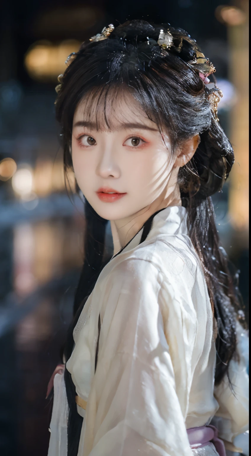 、(top quality,masterpiece:1.3,Ultra-high resolution,),(Super detailed,Caustic lines),(Reality:1.4,RAW Shooting,)Ultra-realistic capture,Very detailed,HD 16K,Suitable for human skin、 Natural skin texture、、Skin looks healthy and even-toned、 Use natural light and color,A woman,Kawaii,black hair,Medium Length Hair,(Depth of Field、Chromatic Aberration、、Wide lighting range、Natural shadows、)、(Nighttime outdoor lighting:1.4)、(Snow Scene:1.2)、(Hair blowing in the wind:1.1)(photoPractical, best quality, Ultra-high resolution, Extremely detailed eyes and face:1.3),(1 Girl, Solitary:1.3),On a wooden boat,Black Hair,Practical,long hair,Jewelry,Upper Body,White see-through Hanfu,Vague,earrings,Lips,Chinese clothes,Hair accessories,black eyes,Vague background,looking off to the side,Shut up,