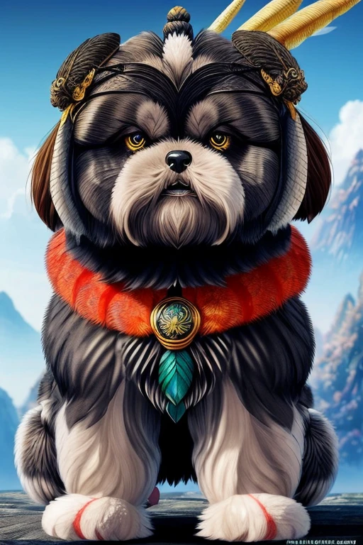Create a (((Shi tzu Dragon hybrid)))
, blend fur and scales together, Shitzu coloring, ((open wing span)), snarling snout, ultra detailed, masterpiece, hyper realistic, extravagant drawing, flawless rendering,  a battle torn village lies in ruins in the background, extreme detail, 
