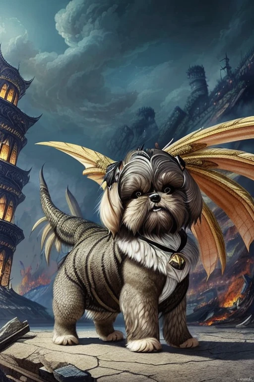 Create a (((Shi tzu Dragon hybrid)))
, blend fur and scales together, Shitzu coloring, ((open wing span)), snarling snout, ultra detailed, masterpiece, hyper realistic, extravagant drawing, flawless rendering,  a battle torn village lies in ruins in the background, extreme detail, 
