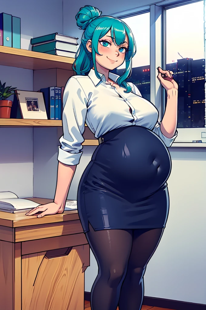 ((high aesthetic, art by BetterWithSalt)), 1girl, aqua blue hair, hair in a bun, blue eyes, black pencil skirt, dress shirt, (pantyhose), cute smile, ((curvy)), (stuffed_belly), (cowboy shot), fancy office background with lots of windows, (best quality, masterpiece)
