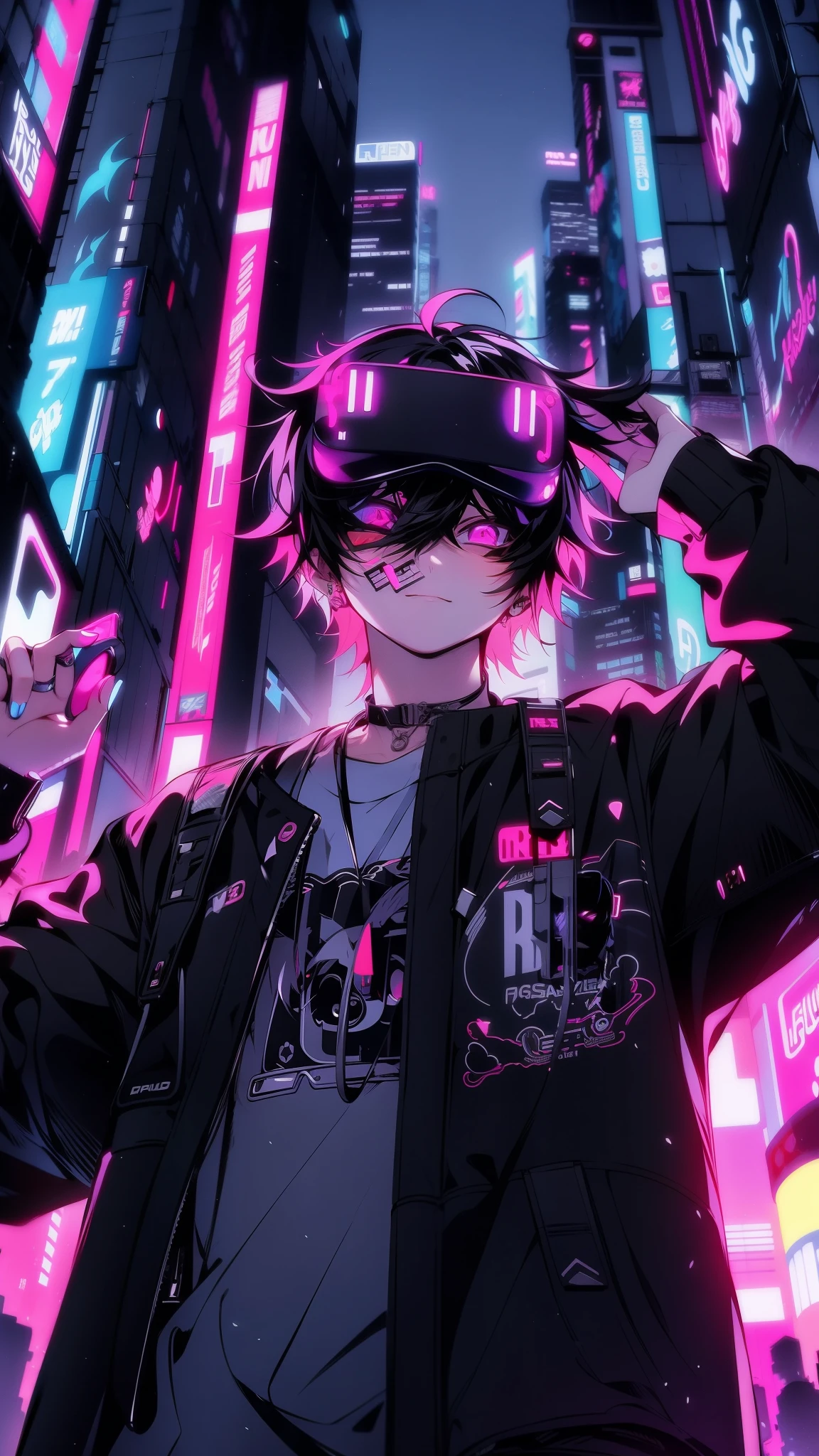 anime style, cool and edgy, ((A teenager wearing oversized virtual reality goggles)), completely immersed in a neon city skyline world, with distorted skyscrapers and holographic smiley faces floating around. Illustration style, ((black and neon colors)), wireframes for the virtual world, fashionable, accessory, abasterpiece)), ((best quality)), ultra detailed,((illustration)), dynamic angle, detailed light,apathy, ray,frontage,style of anime4 k, 4k anime wallpaper