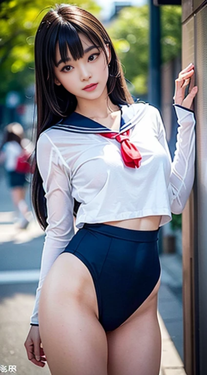 (masterpiece)、(highest quality:1.0)、(超A high resolution:1.0)、Beautiful lighting、Perfect Lightning、Realistic shadows、[High resolution]、Detailed skin、Very detailed、Detailed face and eyes、Realistic eyes、Sharp pupils、Beautiful Face、Outdoor、Amidst the hustle and bustle、Blurred Background、Glowing Skin、Blunt bangs、Red Eye、(Sailor suit 1.2)、Sailor suits have long sleeves、Ultra HD Photos, 8K quality, School Area, Systemic composition, Looking into the camera, Japanese women, 20-year-old, Perfect beauty, Texture with visible pores, Perfect Face, Transparent muscle, Transparent muscle, Beautiful and toned body, Muscular, thin, Small breasts, Tight ass and small breasts、Small Ass、 Bloomers (Bloomers in Japan School, Seamless Design, Monochromatic Bloomers, Bloomers are dark blue, Exactly、Bloomers are elastic fabrics、Bloomers length from navel３ｃｍThe following degrees::, )、High leg、bottomless、On a crowded city street、smile、bottomless
