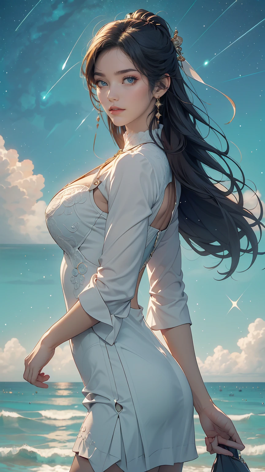 ((masterpiece,highest quality, detailed)), Cowboy Shot, (One girl:1.2), alone, (魅惑的なsmile:1.3), Big Breasts, Are standing, View Viewer, (Ocean:1.3),(Starry Sky:1.3) , 、High neck、No sleeve、Mini length bodycon、smile
