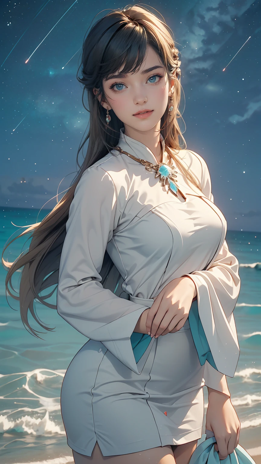 ((masterpiece,highest quality, detailed)), Cowboy Shot, (One girl:1.2), alone, (魅惑的なsmile:1.3), Big Breasts, Are standing, View Viewer, (Ocean:1.3),(Starry Sky:1.3) , 、High neck、No sleeve、Mini length bodycon、smile
