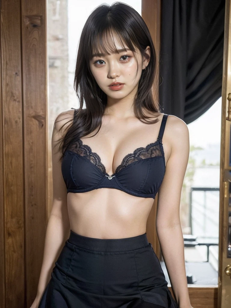 (((locking underboob:1.5)))、(highest quality、8k、Best image quality)、(One woman:1.2)、 ((from the front))、(long black hair)、(Medium size breasts)、(Are standing:1.5)、(Panties are visible)、Toned body、Waistline、(perfect beautiful teeth:1.1)、Natural Makeup、(beautiful thick legs:1.2)、(Perfect and realistic skin texture:1.2)、(Accurate anatomy:1.1)、sexy、(((Sexy outfit)))、((Navy flared skirt))、((Lace panties with attention to detail)) 、((A bra with attention to detail))