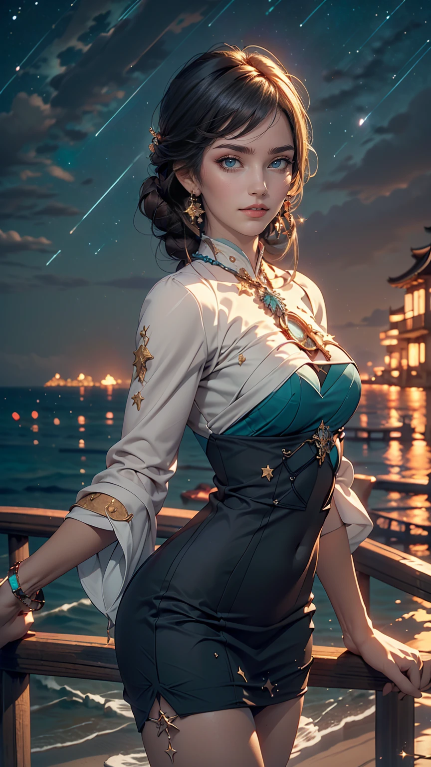 ((masterpiece,highest quality, detailed)), Cowboy Shot, (One girl:1.2), alone, (魅惑的なsmile:1.3), Big Breasts, Are standing, View Viewer, (Ocean:1.3),(Starry Sky:1.3) , 、High neck、No sleeve、Mini length bodycon、smile