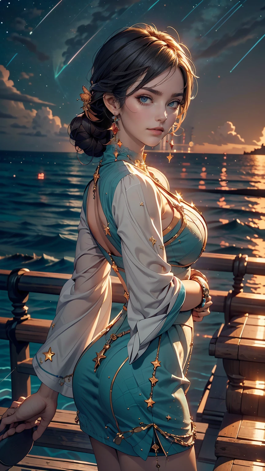 ((masterpiece,highest quality, detailed)), Cowboy Shot, (One girl:1.2), alone, (魅惑的なsmile:1.3), Big Breasts, Are standing, View Viewer, (Ocean:1.3),(Starry Sky:1.3) , 、High neck、No sleeve、Mini length bodycon、smile