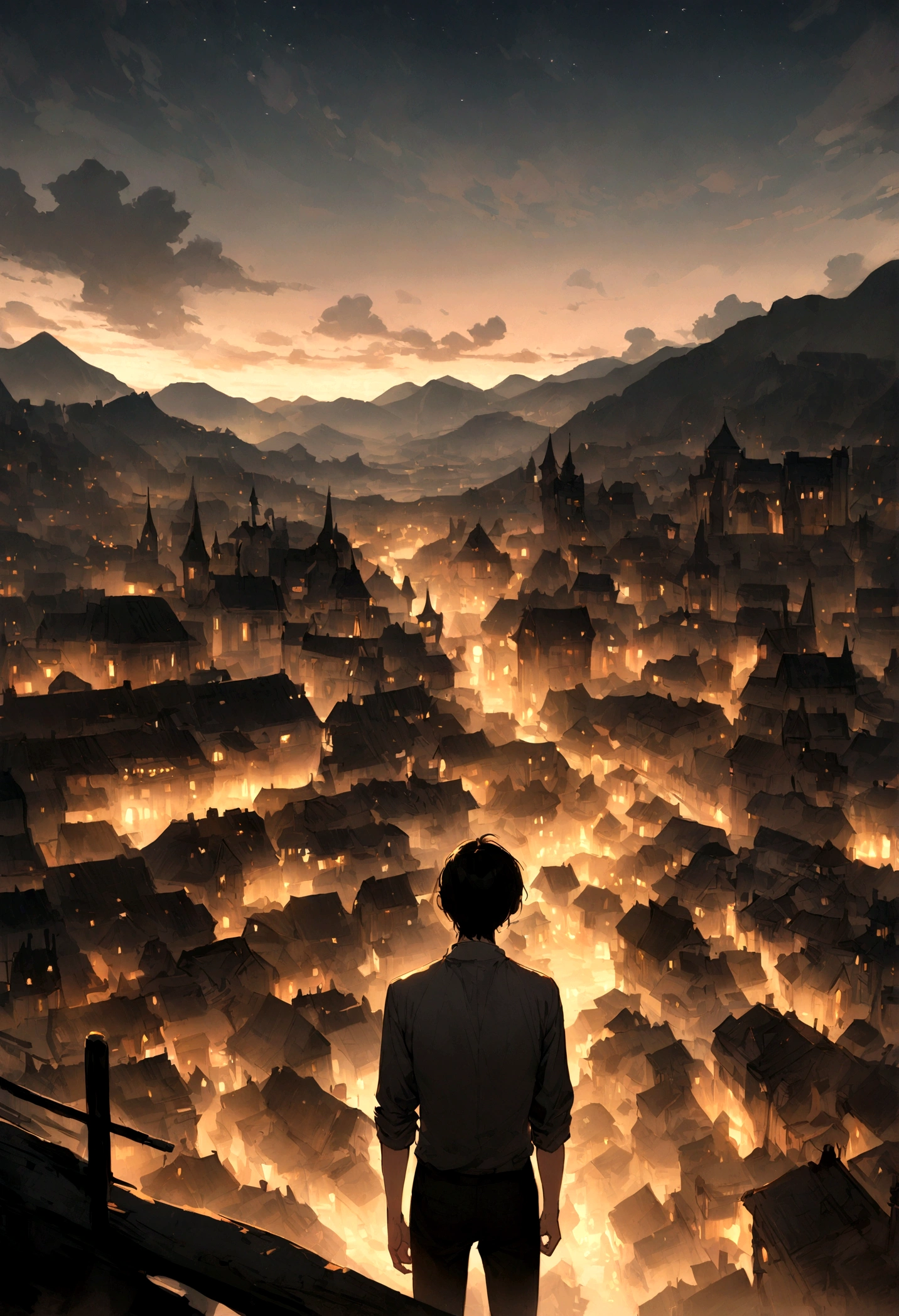 "A young man with black hair, his back turned, gazing up at the dark and lonely town
