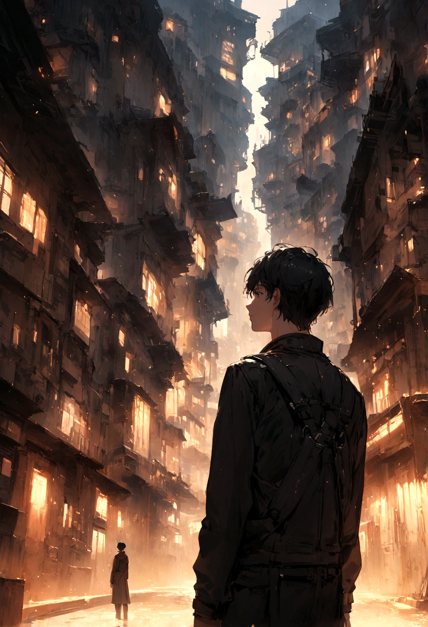 "A young man with black hair, his back turned, gazing up at the dark and lonely town