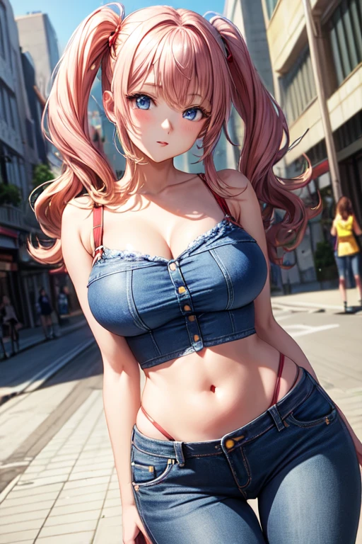creates a 24-year-old anime girl with blue jeans and a red blouse with straps, wide hips and large breasts with blue eyes in an anime-style urban landscape