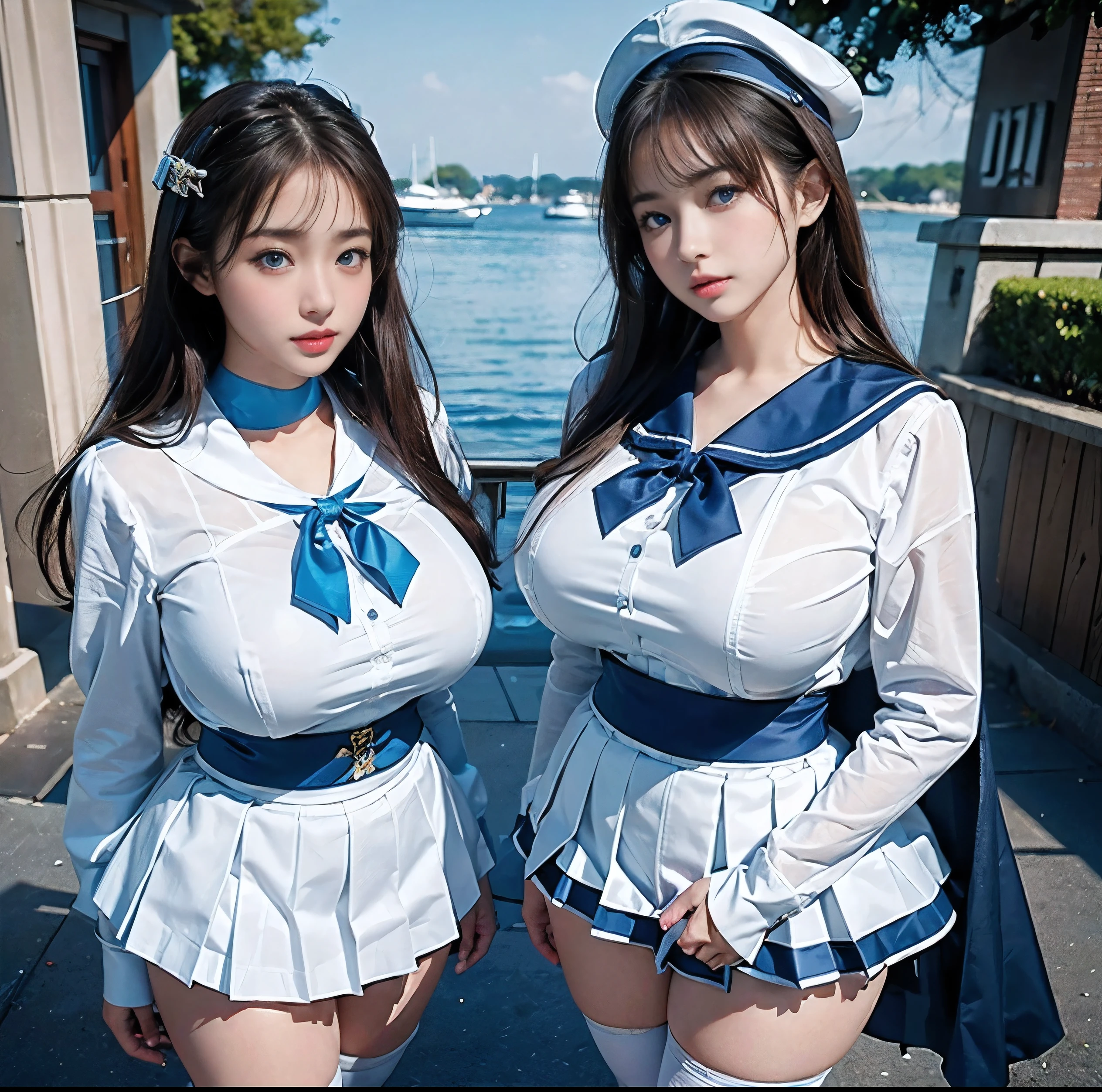 Highest quality, 8K quality, Masterpiece, Two busty women standing side by side, (Super big breasts compressed by clothes:1.2), Whitening skin, Sparkling Blue Eyes, Sailor collar uniform, Pleated skirt, Above the knee, Skirtliftv1, (Super big breasts emphasized by placing them on the hands:1.3), Super big breasts in a frontal view, (White panties),