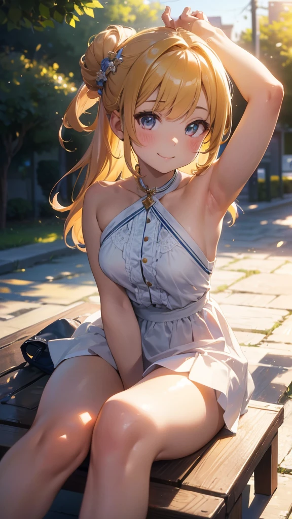best picture quality, 8K, high quality, masterpiece:1.2), ((masterpiece)), (high detail, high quality, best picture quality), bokeh, DOF, Portrait, open stance, (cute illustration:1.2), (small size breast), sunny days, full body, sitting, beautiful light, (girls with various fancy hair color and hair style:1.3), (nude, ), cute face girl, sexy, smile, armpits, bun hairstyle, nsfw