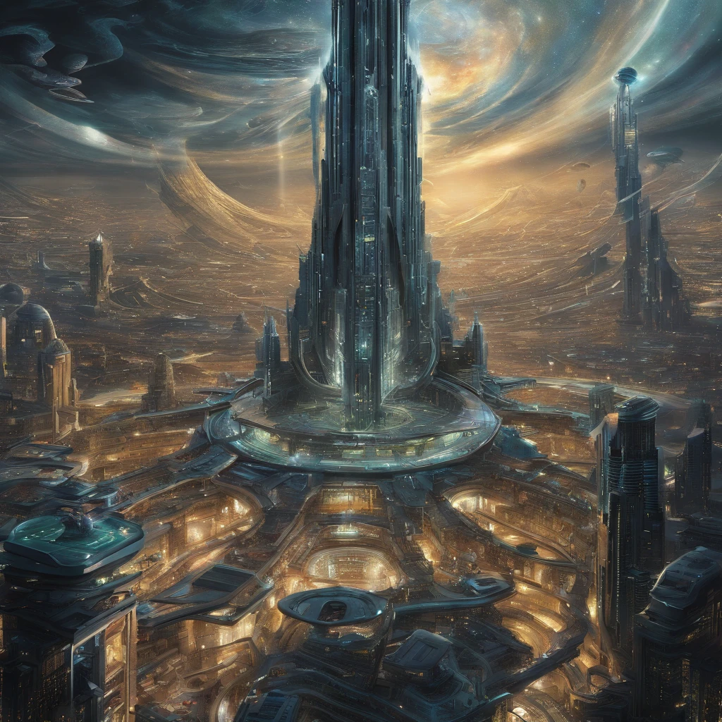 A surreal (((futuristic cityscape))) set in space, where the metropolis is surrounded by massive (((golden figure 8))) constructs evoking the shape of a planet. Its opulence extends to a (((translucent diamond shield))), protecting its denizens from the vast expanse beyond. The surface blends metallic greens and blues, suggesting both earthly terrains and interstellar oceans. Tall skyscrapers dominate the scene, with a (central tower) standing out like a celestial fortress. In the style of M.C. Escher, Larry Niven, Stanley Kubrick, and Plamen Ovcharov, the composition is imbued with intricate symmetry