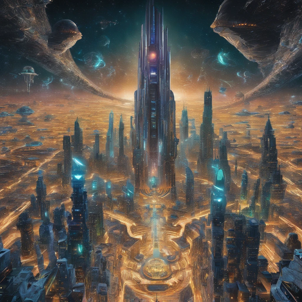 A surreal (((futuristic cityscape))) set in space, where the metropolis is surrounded by massive (((golden figure 8))) constructs evoking the shape of a planet. Its opulence extends to a (((translucent diamond shield))), protecting its denizens from the vast expanse beyond. The surface blends metallic greens and blues, suggesting both earthly terrains and interstellar oceans. Tall skyscrapers dominate the scene, with a (central tower) standing out like a celestial fortress. In the style of M.C. Escher, Larry Niven, Stanley Kubrick, and Plamen Ovcharov, the composition is imbued with intricate symmetry