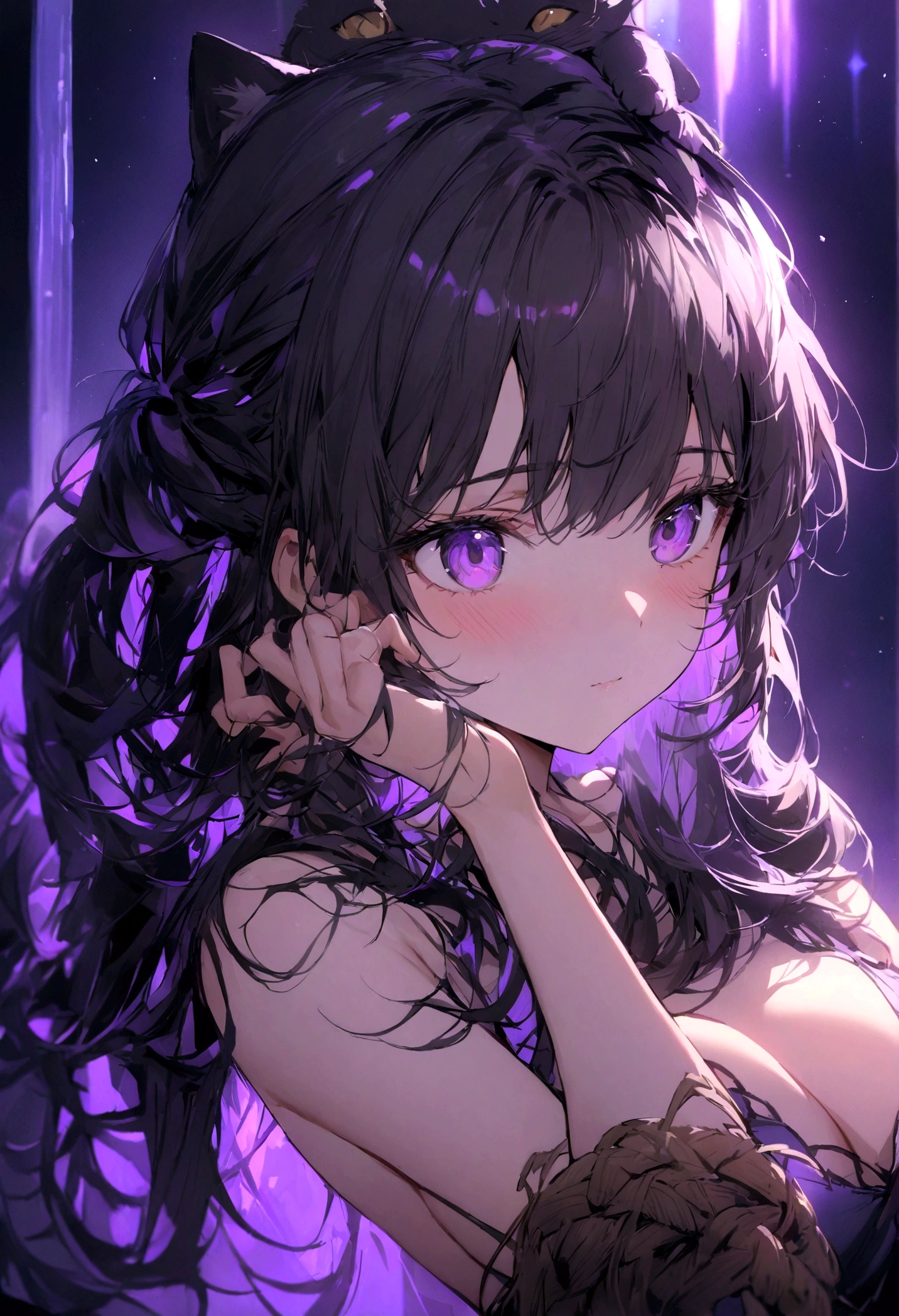 masterpiece, best quality, Very delicate and beautiful girl., 超High Detail, High Detail, best quality,Bright Lights, straw rope, mind bending, A kitten rests on the head of a black-haired woman...,Bright purple hue,