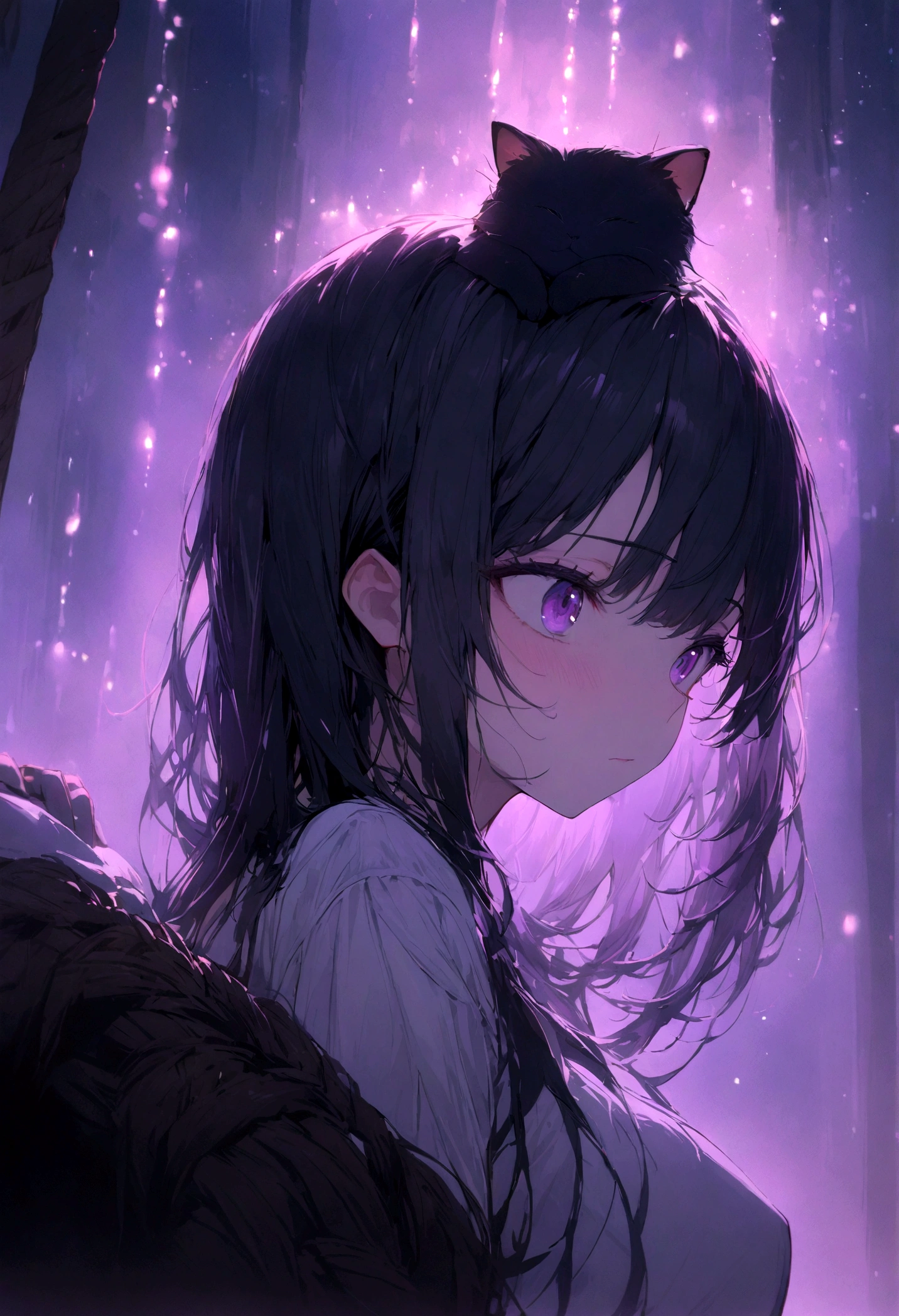 masterpiece, best quality, Very delicate and beautiful girl., 超High Detail, High Detail, best quality,Bright Lights, straw rope, mind bending, A kitten rests on the head of a black-haired woman...,Bright purple hue,