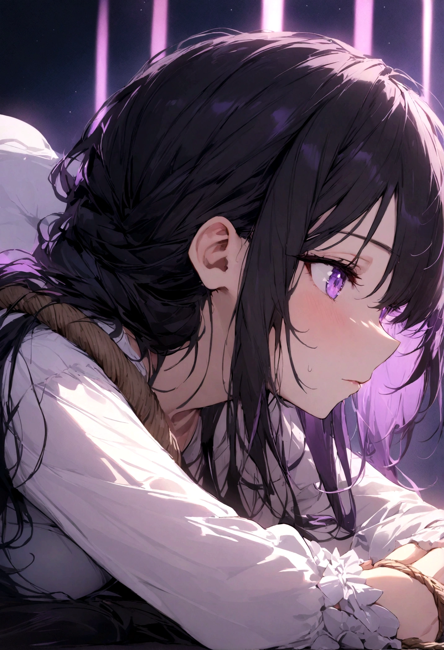 masterpiece, best quality, Very delicate and beautiful girl., 超High Detail, High Detail, best quality,Bright Lights, straw rope, mind bending, A kitten rests on the head of a black-haired woman...,Bright purple hue,
