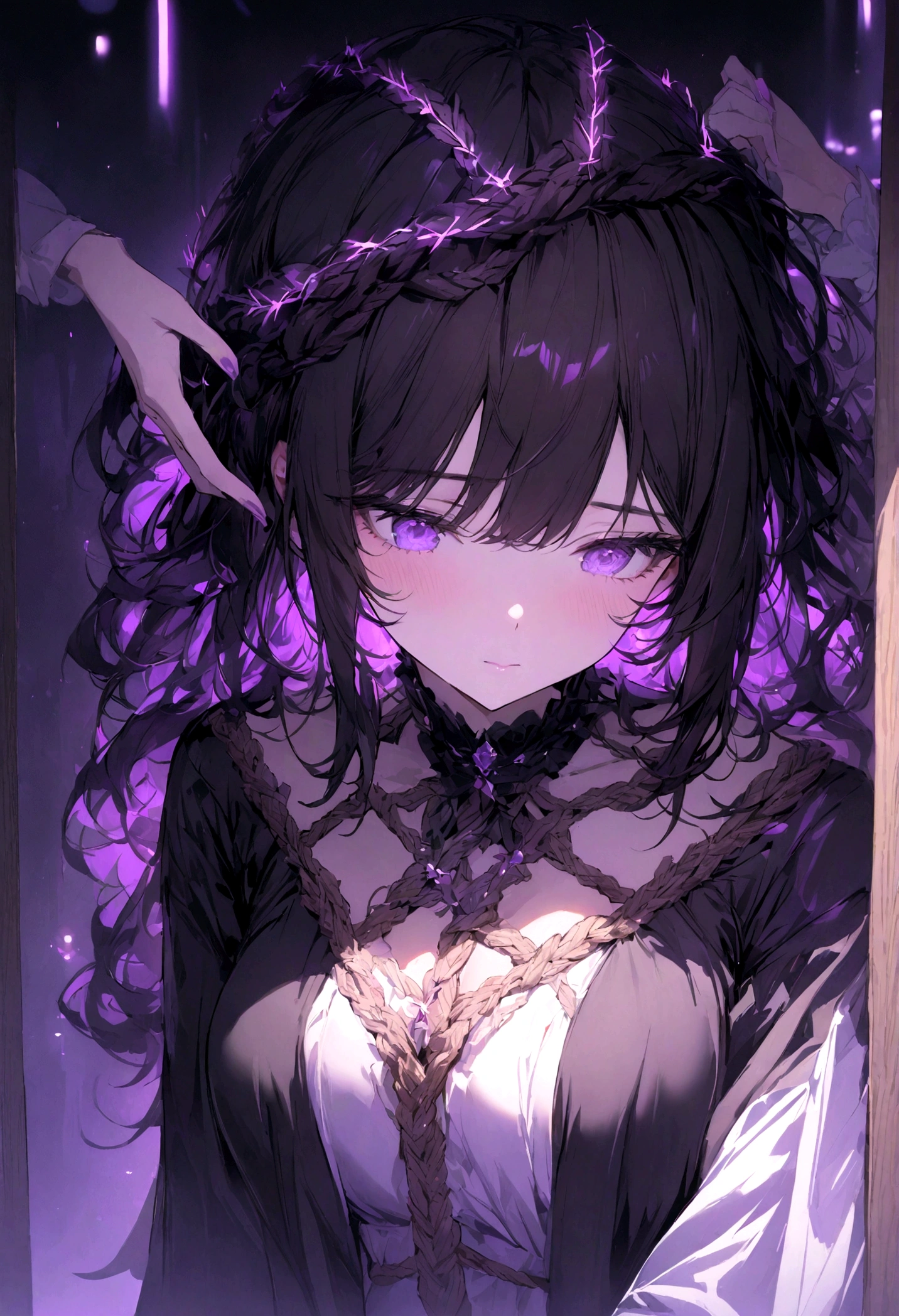masterpiece, best quality, Very delicate and beautiful girl., 超High Detail, High Detail, best quality,Bright Lights, straw rope, mind bending, A kitten rests on the head of a black-haired woman...,Bright purple hue,