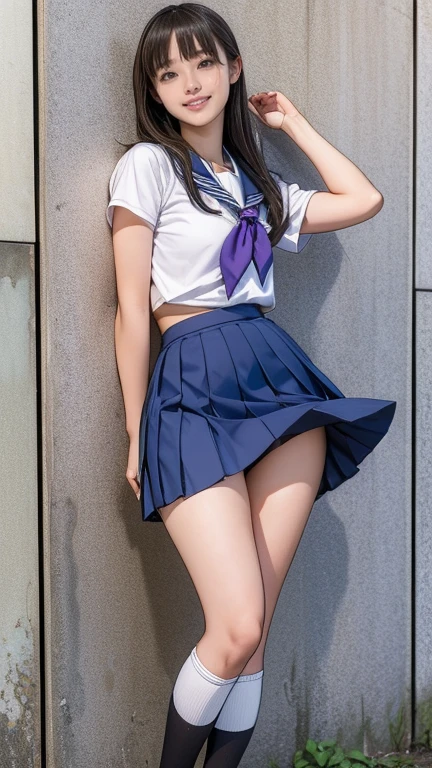 An 18-year-old woman wearing high heels and a skirt leaning against a wall, High school girl posing, wearing Japanese , Japanese , A surreal high school girl, Cute school girl, Japanese Girls, Surreal school girl, Wearing a skirt and knee-high socks, high school girl, clothing, Stretching forward、Cute panties are visible、Shooting by a professional photographer with a focus on the buttocks、looking at the camera、grin, anatomically correct, masterpiece, high details