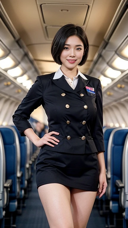 1beautiful womanl, 28years、hyperdetailed face、Detailed lips、A detailed eye、double eyelid、(Black bob hair、Smiling while walking gracefully down the aisle)、(Stewardess uniform:1.2)、(Glamorous body)、(Colossal tits)、((short-cut hair))、(large full breasts)(big butts)(Plump body)(plump body shape)( large full breasts)(Colossal tits)((J-Cup))、highs thighs thighs thighs, Perfect fit, Perfect image realism, Background with: (Business Class aisle on airplanes:1.2), Cowboy Shot, Meticulous background, detailed costume, Perfect litthing、Hyper-Realism、(Photorealsitic:1.4)、8K maximum resolution, (masterpiece), ighly detailed, Professional