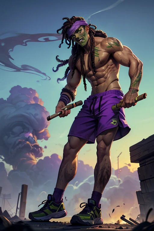 (Male of Caucasian origin).A ((muscular:1.2)) green ((zombie)), (missing left eye), long brown dreadlocks, purple headband, purple basketball shorts, athletic shoes, ((smoking a cigarillo)) with massive clouds of purple smoke. smoke coming out of the left eye socket.