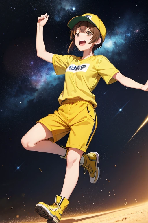 Anime drawings、Full body portrait、Space Sci-Fi Soldier、A female soldier, about 24 years old, about 160cm tall, running, wearing a yellow T-shirt and shorts、Laughing with mouth open、Wearing a yellow cap on his head、Short medium hairstyle、Brown Hair、Brown eyes、sports boots